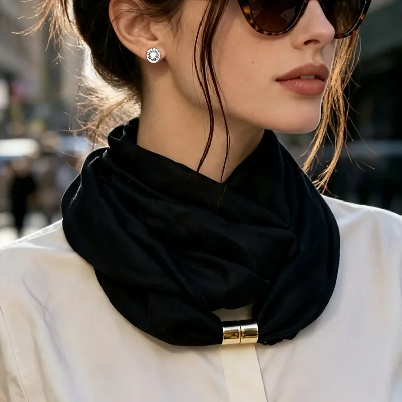 Warm Neck Scarf, Commuting Style Light Luxury Short Silk Scarf, Women's Knot Free Black Temperament Shirt with Decorative Scarf