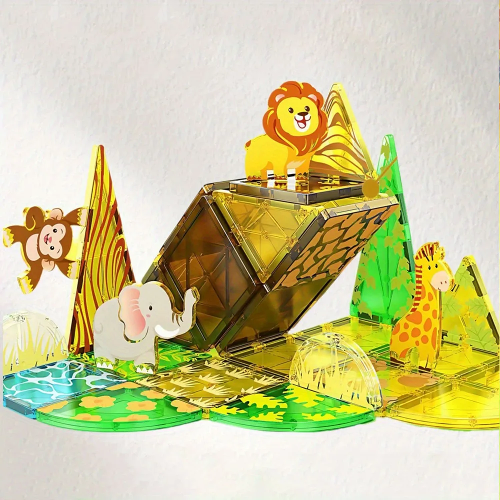 DIY 32pcs Grassland Animals Magnetic Building Blocks - Large STEM Toy Set Creative Magnetic Toys, Children Educational Gift