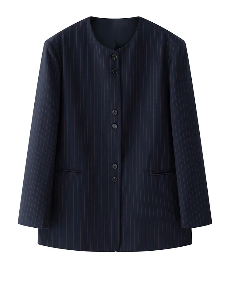 [EAM] Women Navy Blue Striped Elegant Big Size Blazer New O-neck Long Sleeve Jacket Fashion Tide Spring Autumn 2024 1DH7037