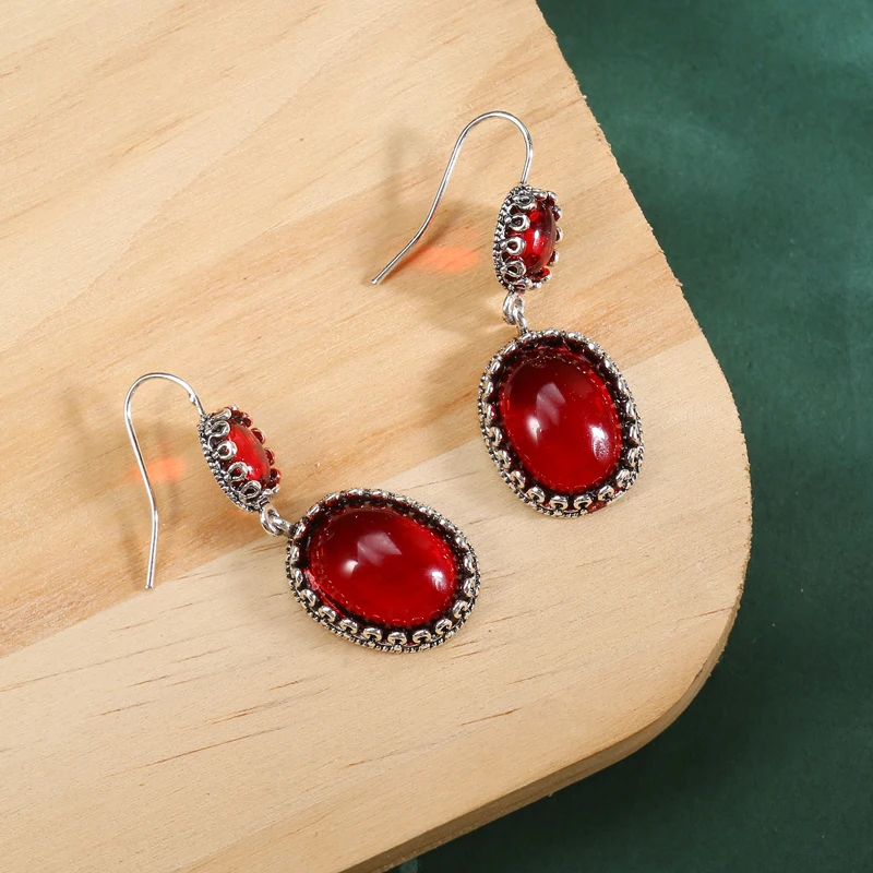 Fashion Long Oval Red Zircon Dangle Earrings for Women Simple Silver Color Hook Earrings Wedding Engagement Jewelry
