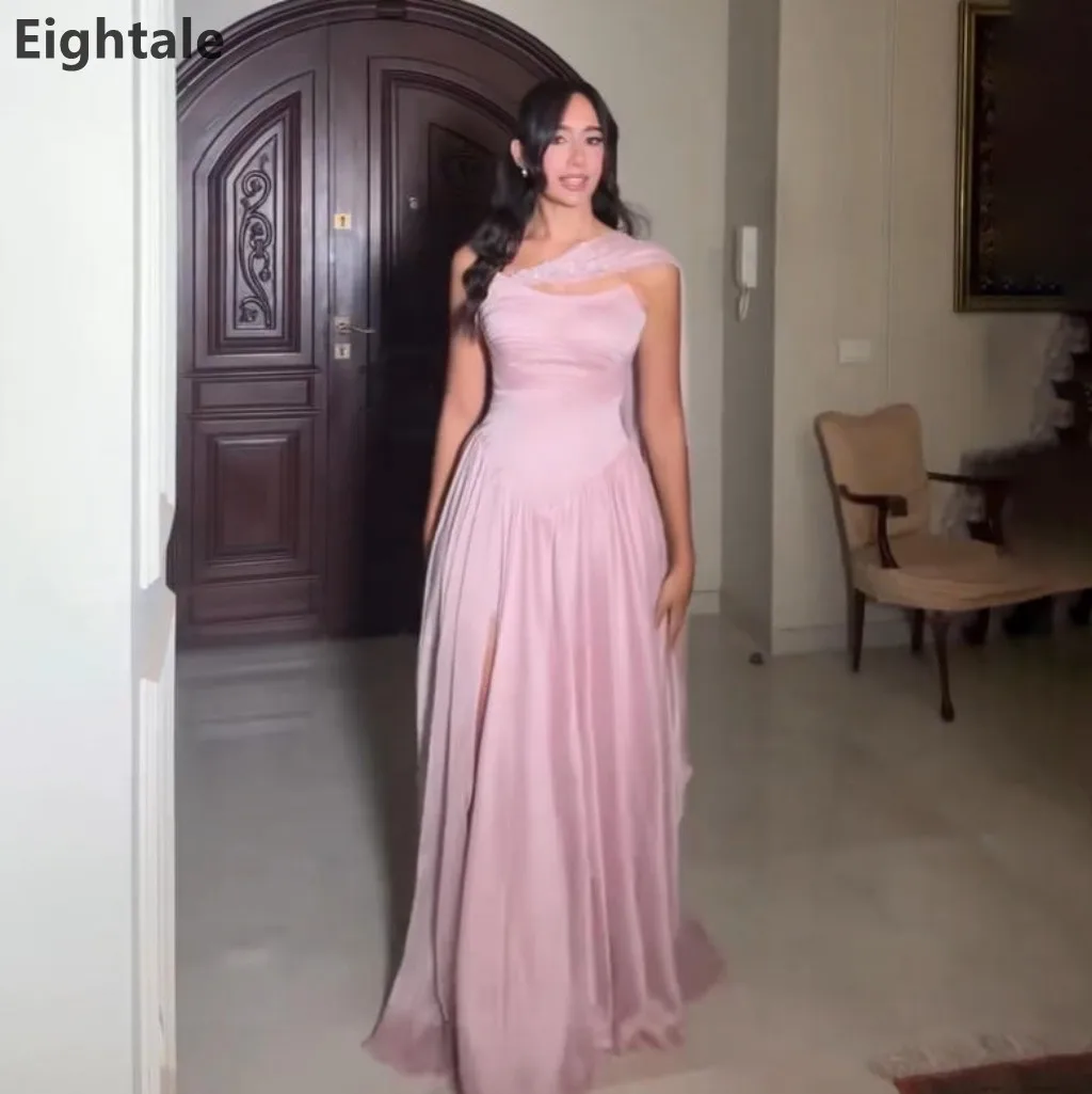 

Eightale 2025 Pink Silk Chiffon Maxi Pleated Evening Dress With Wrap Formal Prom Dress Dubai Wedding Party Gown Customized