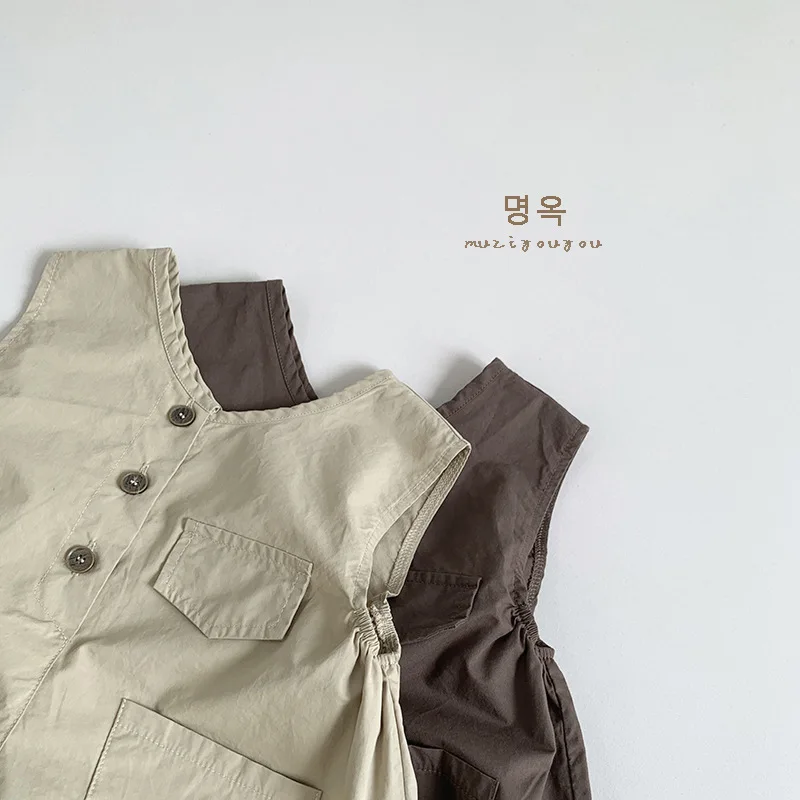 2024 Summer New Children Loose Overalls Solid Baby Girl Sleeveless Jumpsuit Toddler Boy Vintage Strap Trousers Kids Casual Pants