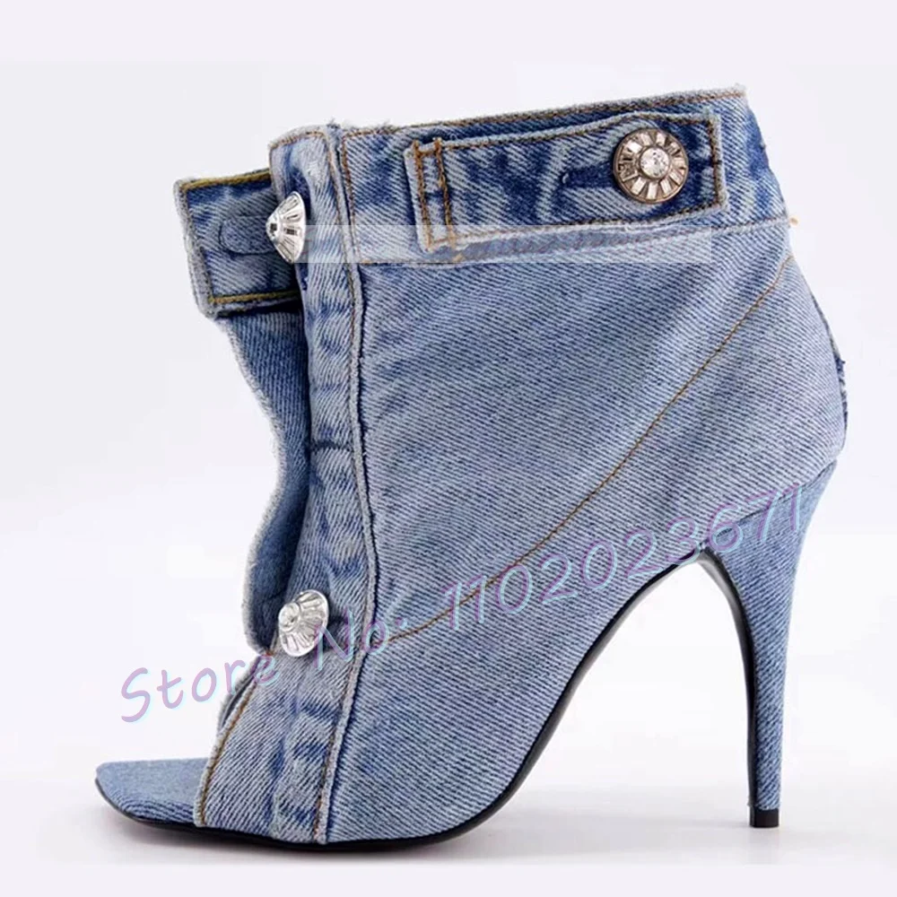 Open Toe Denim Ankle Boots Female Stylish Front Buttons High Heels Shoes Square Toe Party Women Buckle Strap Cool Cowboy Boots