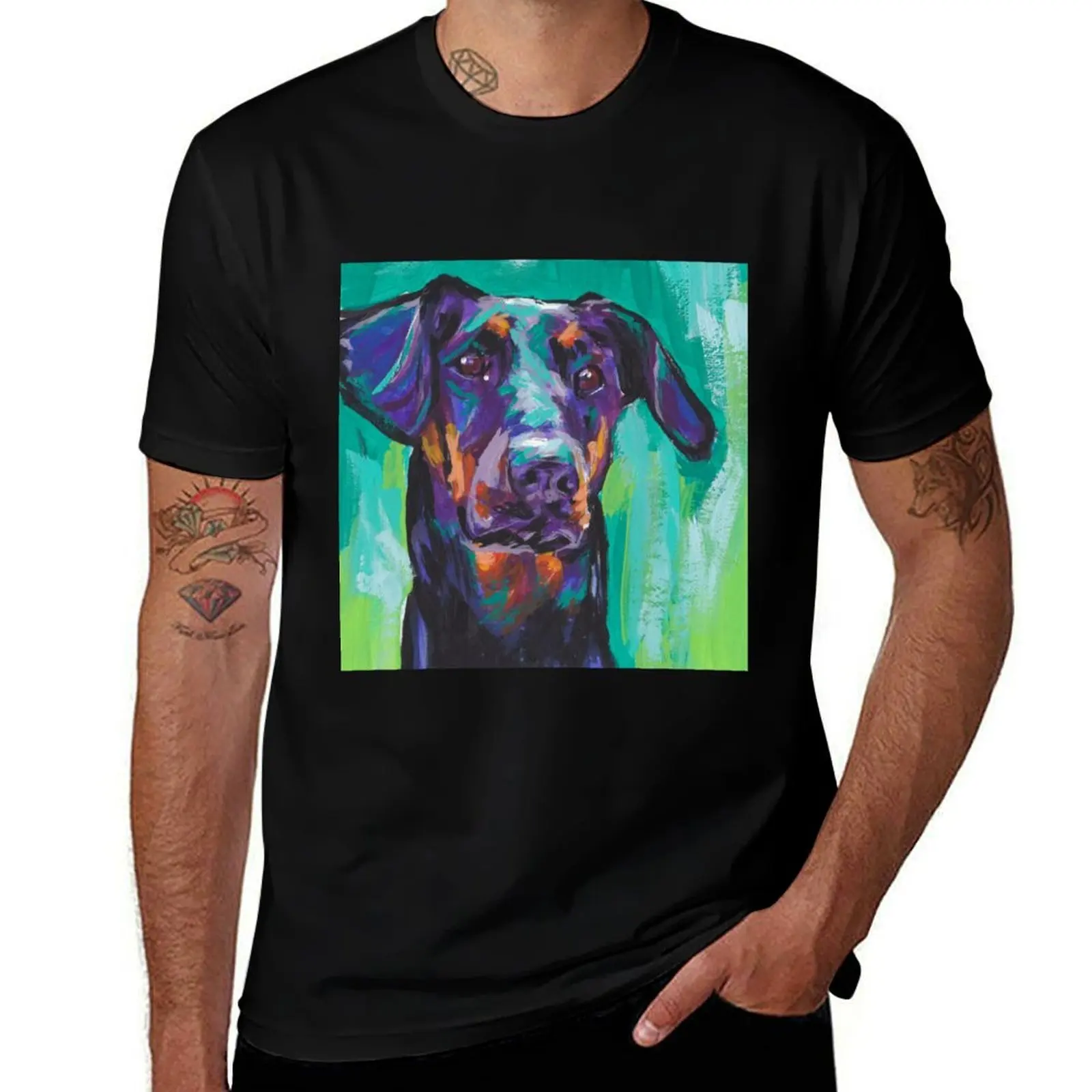 

Doberman Pinscher Dog Bright colorful pop dog art T-Shirt mens graphic t shirts cotton t shirts man 100% T-Shirt