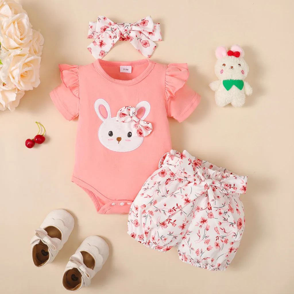 3PCS Baby Girl Clothes Outfits for 0-18 Months Ruffled Sleeve Lovely Rabbit Bodysuit+Flower Shorts+Headband Summer Casual Wear