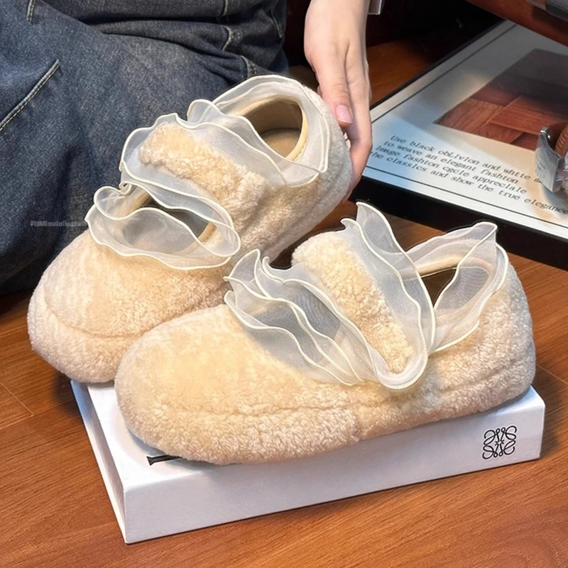 

Осень-зима Короткие плюшевые теплые туфли Мэри Джейн на плоской подошве Женские удобные лоферы с кружевной отделкой для женщин Легкая дизайнерская обувь