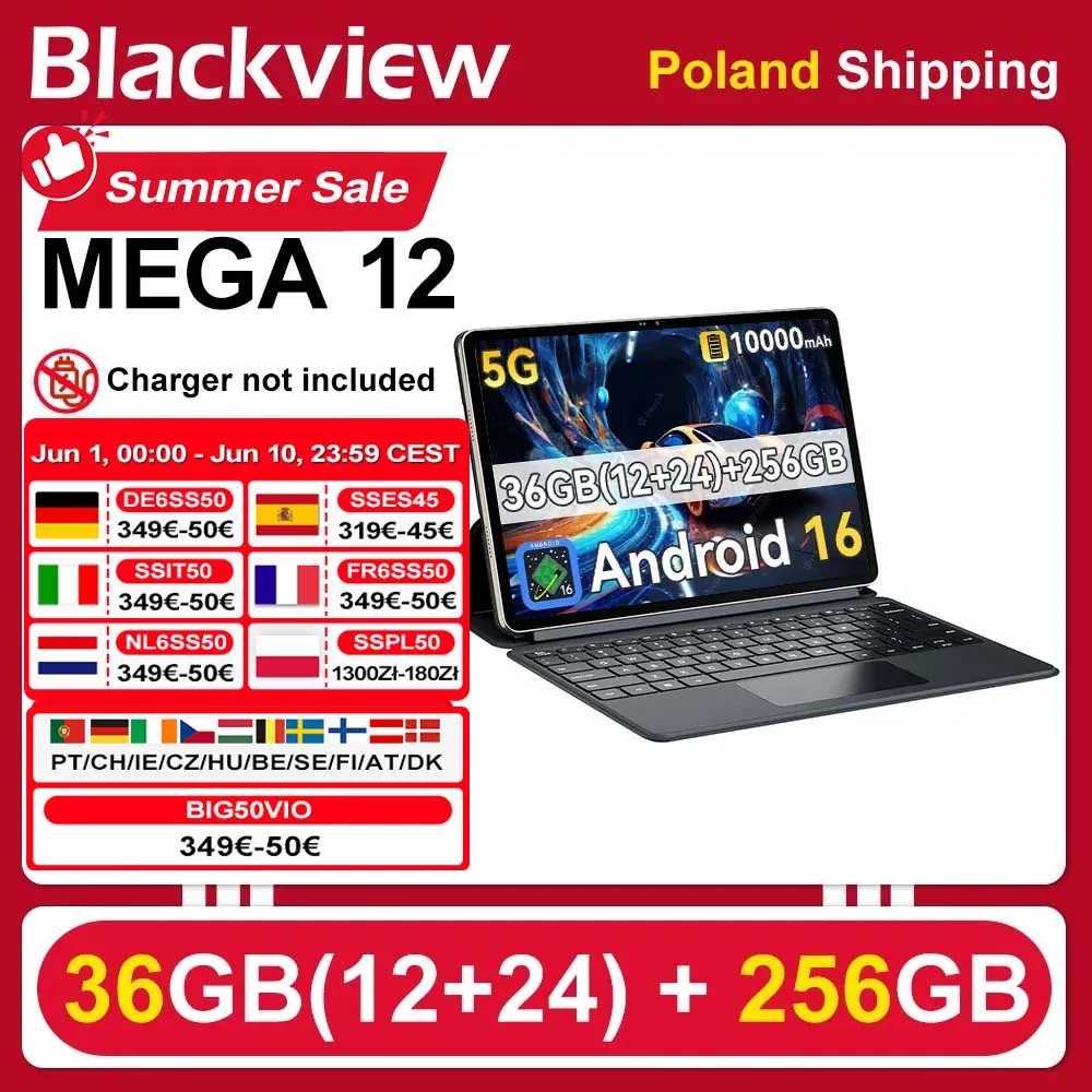[Versand aus Polen] [Ohne EU-Ladegerät] Tablet Blackview MEGA 12, 12 GB + 256 GB, 12,2" 2.4K 120 Hz Display, 50 MP + 13 MP Kamera, 10000 mAh Akku, 5G