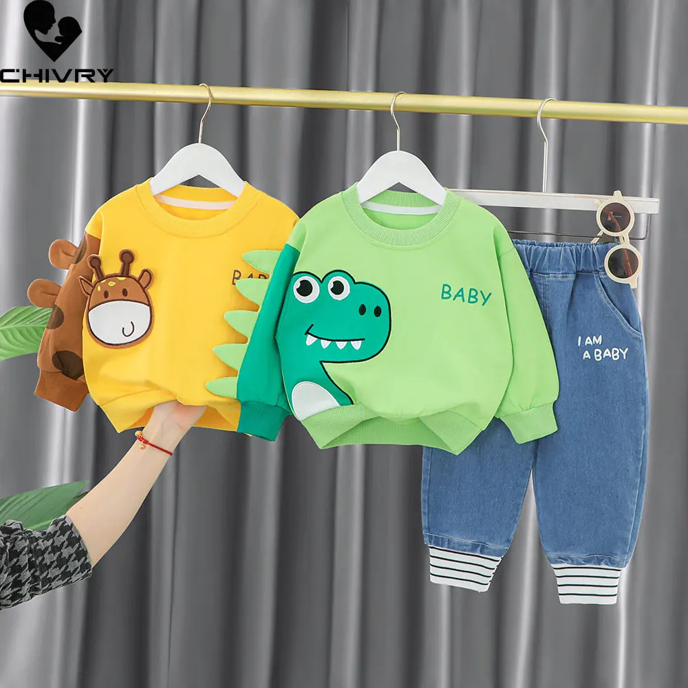 

Boys Girls Fashion Clothing Sets New 2023 Baby Boy Spring Cartoon Animal Crew Neck Sweatshirt Tops with Denim Pants Kids Clothes