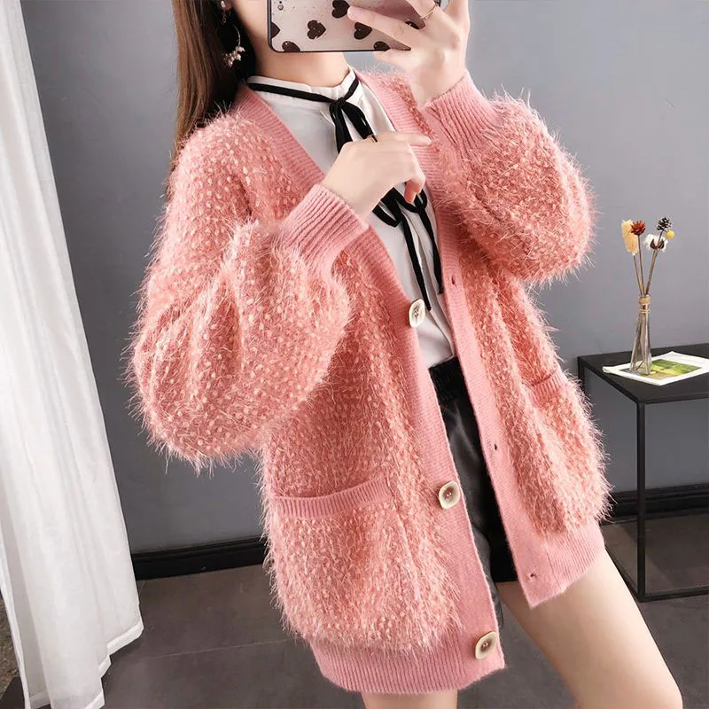 Bright Silk Knitwear Cardigan Women\'s Spring Autumn New Loose Thick Sweater Jacket Female Casual Knitted Sweaters Coat Trend 3XL