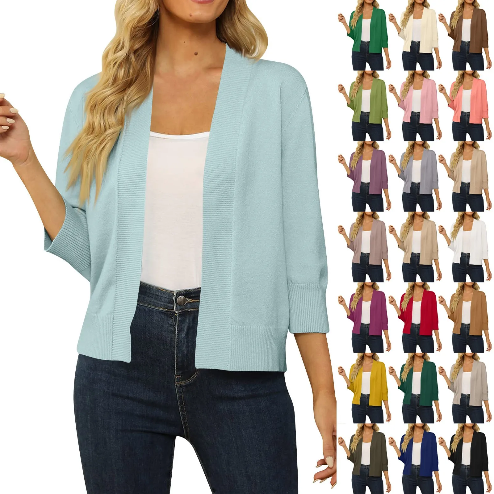 Ladies' Solid Color Simple Classic Style 3/4 Sleeve Cropped Cardigan Sweater Spring Fall Versatile Open Front Lightweight Top