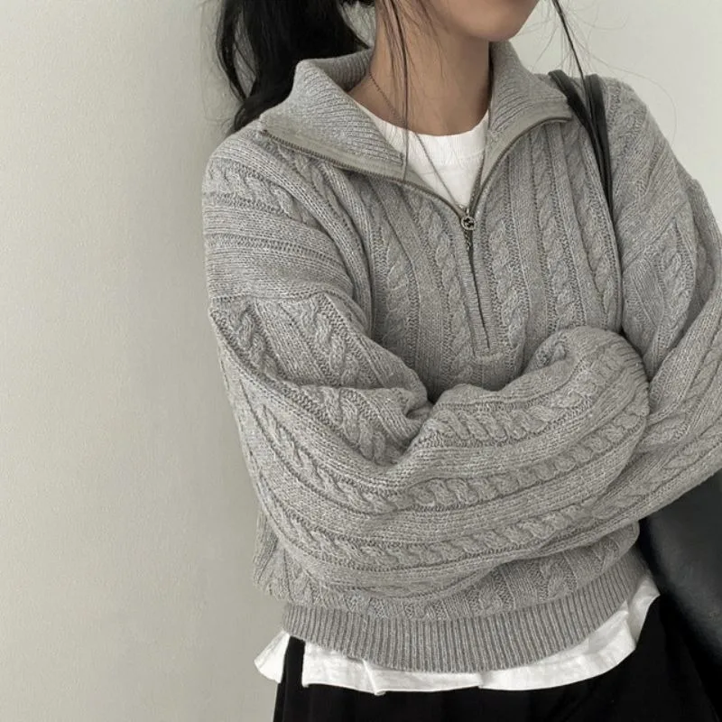 Autumn Oversize Knitted Sweater Women Vintage Pullover Baggy Long Sleeve Zipper Sweaters Lady Half High Collar Korean