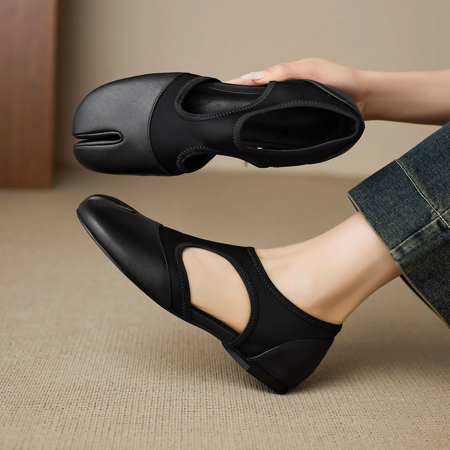 2026 new summer women sandals natural leather 22-25cm cowhide+fabric+sheepskin+pigskin split toe low heel women shoes fashion