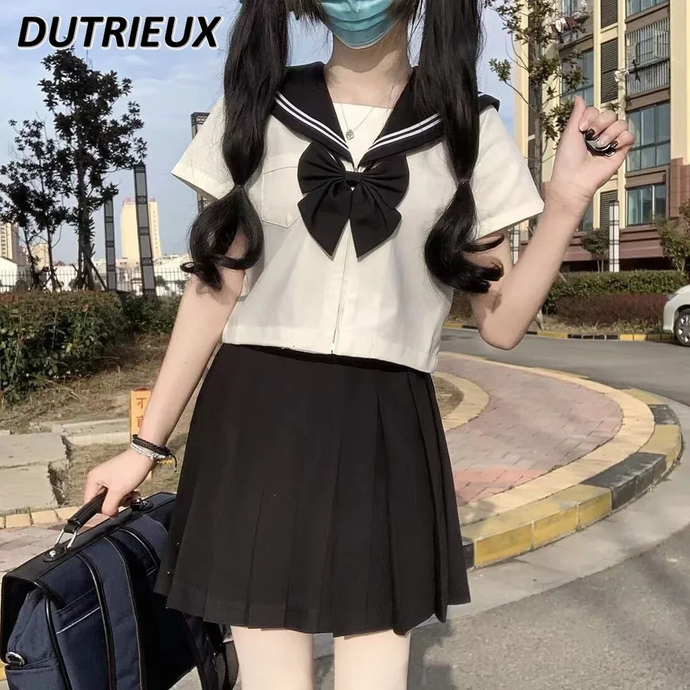 2024 Summer New Japanese JK Pleated Skirt Suit Women White Uniform Sailor Short Sleeve Shirt Top Short Skirt 2-Piece Set Student