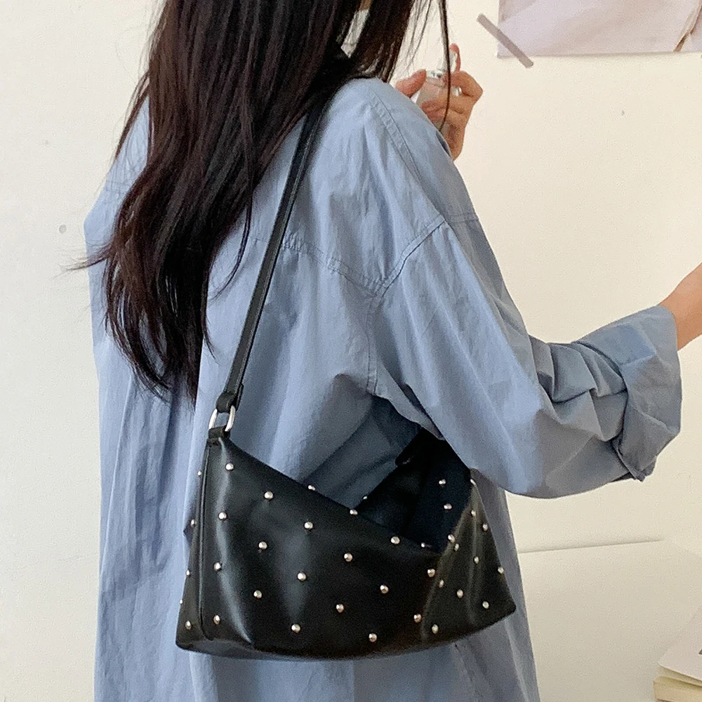 

Punk Style Rivet Design Square Crossbody Bags Women Large Capacity Commuting Personalized Armpit Underarm Bag Soft Shoulder Bags