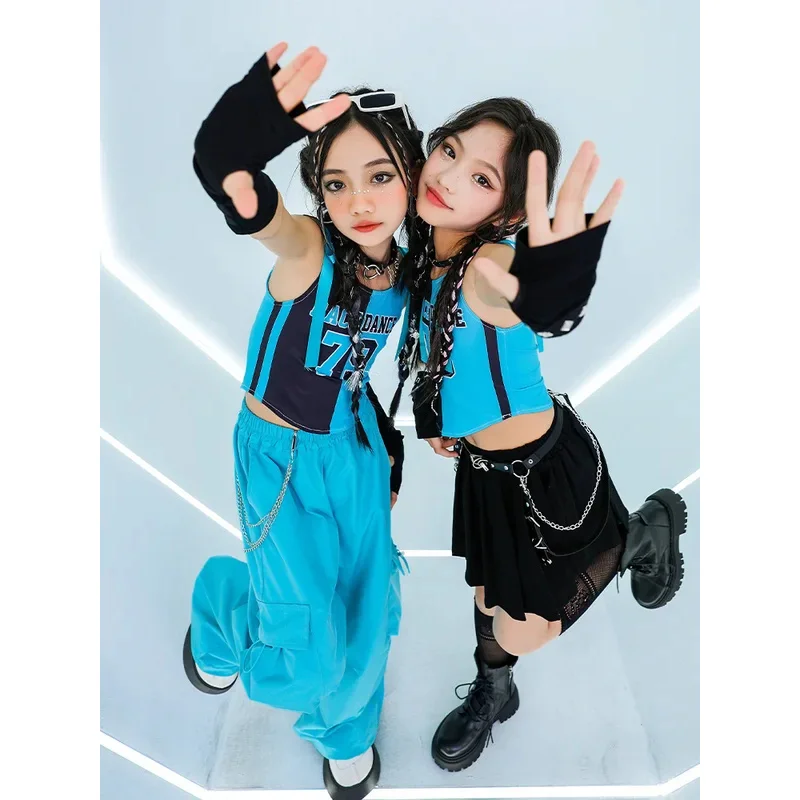 الفتيات Kpop ملابس رقص الجاز زي الاطفال الأزرق سترة السراويل تنورة باردة الهيب هوب الملابس المراهقين الحفل مرحلة الأداء الدعاوى