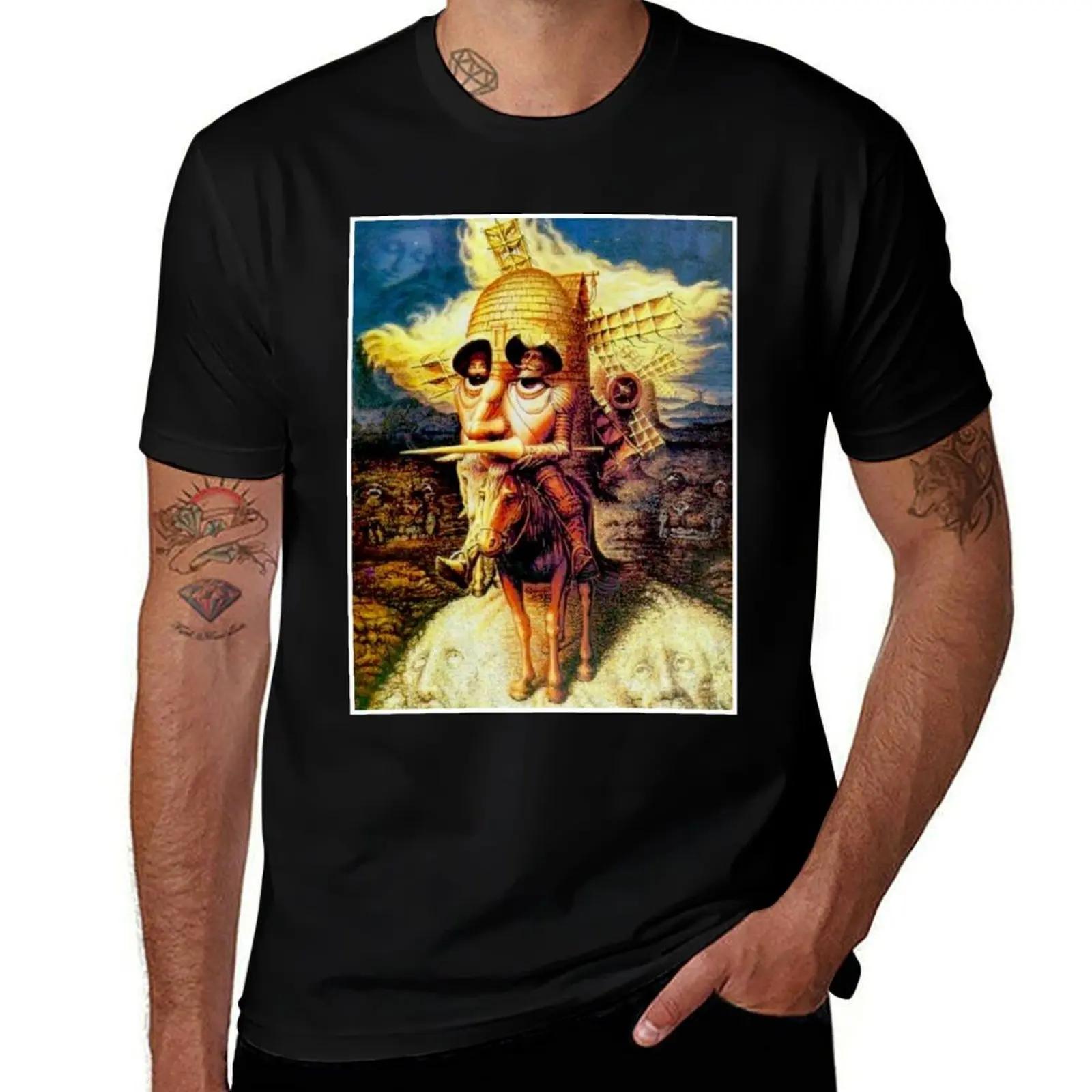 DON QUIXOTE : Vintage Abstract Tilting at Windmills Print T-Shirt Plus Size Simple Casual Top T-Shirt