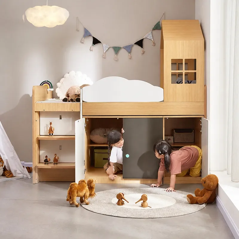 Multifunctional Half Height Loft Bed with Storage Cabinet and Study Desk Single Upper Bunk Bed Frame for Bedroom Space Saving