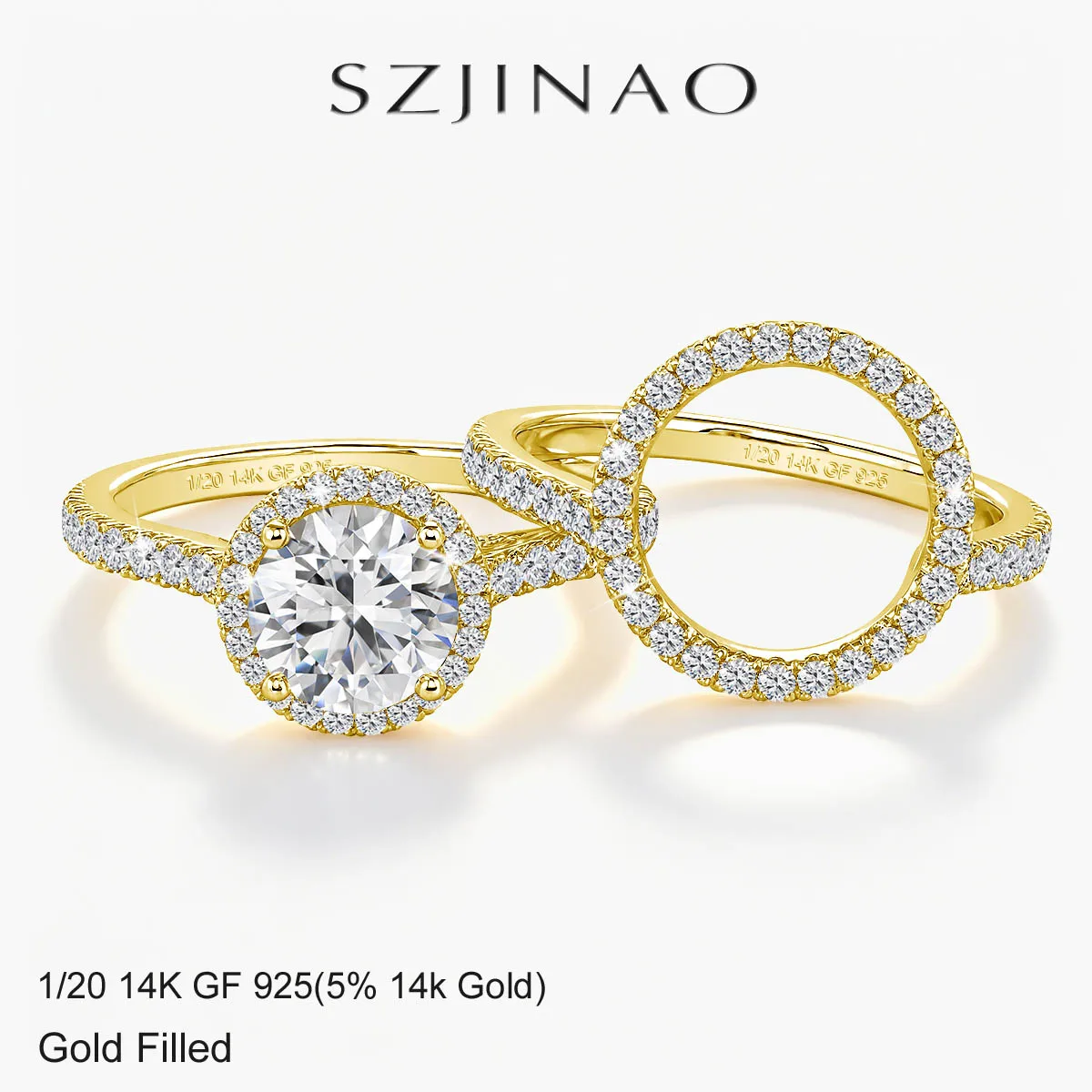Durable 14K Gold Filled 2 Piece Wedding Moissanitet  Ring Stackable Double Halo Bridal Ring Set for Women Engagement Luxury Gift