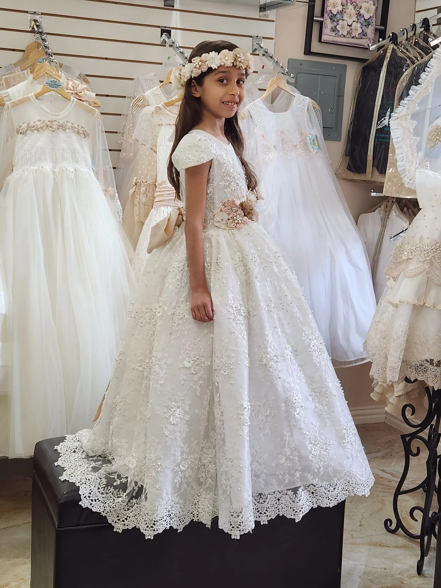 Bohemian Lace Flower Girl Dresses Pearls Girls First Birthday Party Wedding Dress Baby Clothes Fluffy Ball Gown