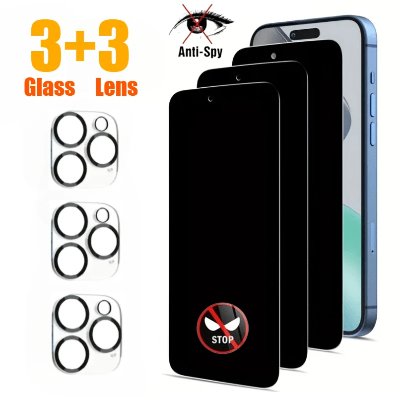 6-IN-1 Privacy Screen Protector For iPhone 16 13 14 15 Pro Max Anti-Spy Tempered Glass For iPhone 16e 12 13 Mini 15 16 14 Plus