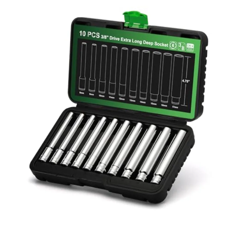 

10PCS 3/8-Inch Drive Extra Deep Metric Socket Set, 6 Point, 8mm to 17mm, No Skipped Sizes, 120MM Deep CR-V Socket for Automotiv