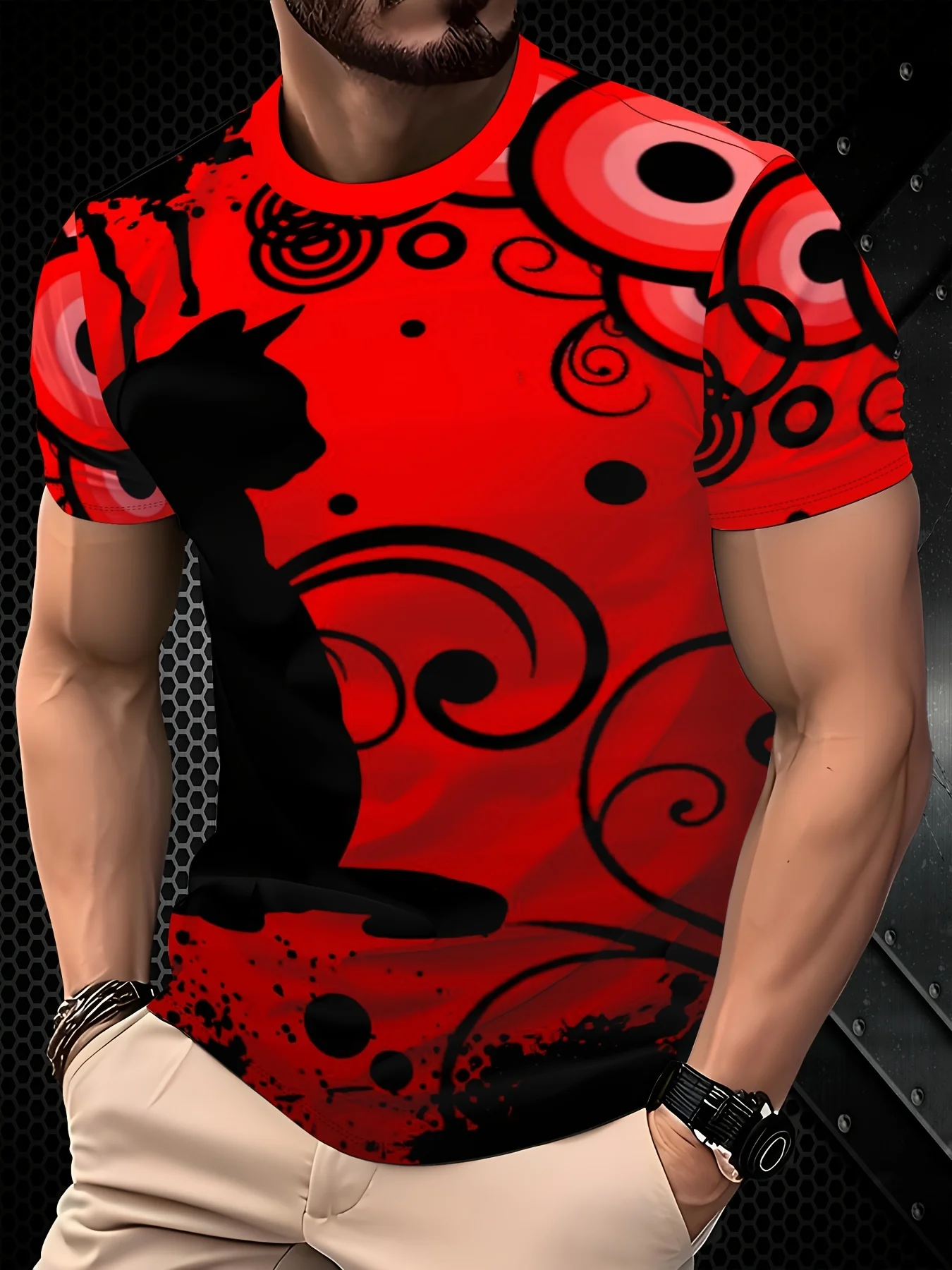 Men Black Cat Silhouette Swirl Circle Splash Print Red Crew Neck Short Sleeve T-shirt
