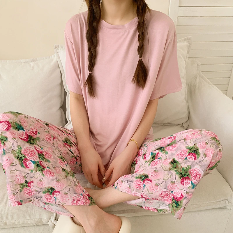 

Japanese Soft Modal Pajamas 2PCS Short Sleeve Oil Painting Flower Pants Homewear Suit Women's Summer Thin Round Neck Sleepwear