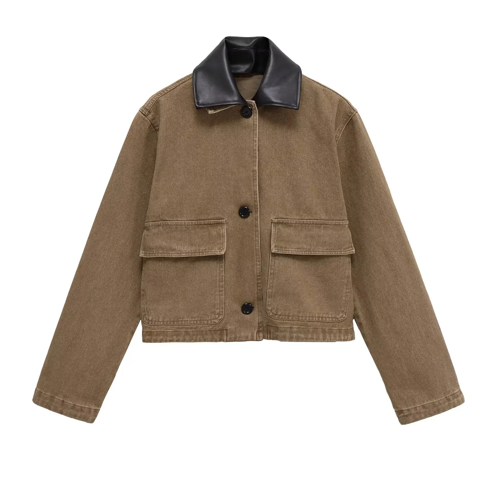 

Ретро-куртка из искусственной кожи и денима с квадратным воротником, свободного кроя, осенняя коллекция 2025, модная женская одежда для трансграничной торговли