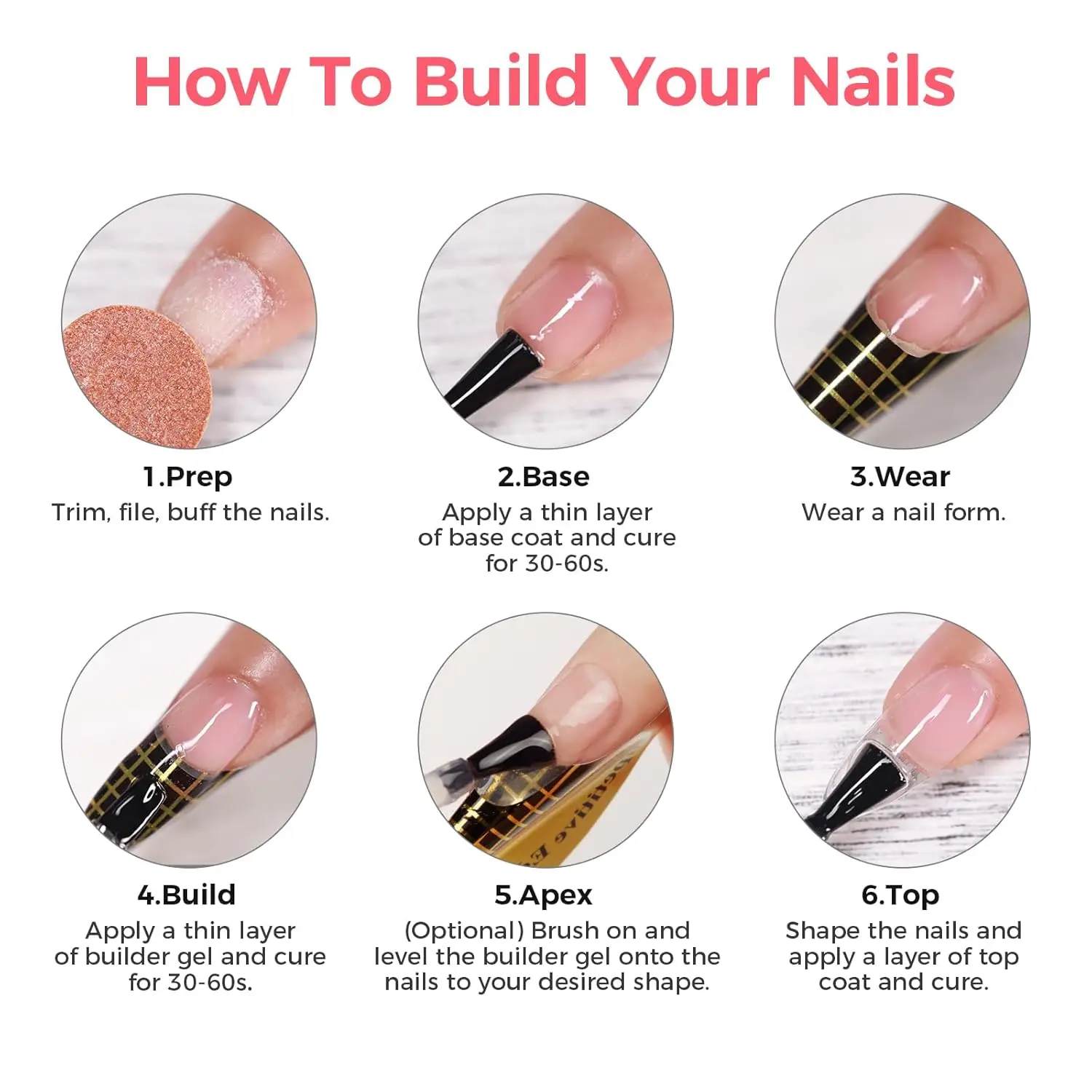 네일 빌더 젤, 60g 투명 하드 젤 (10개 폼 포함), UV LED 경화 조형 키트