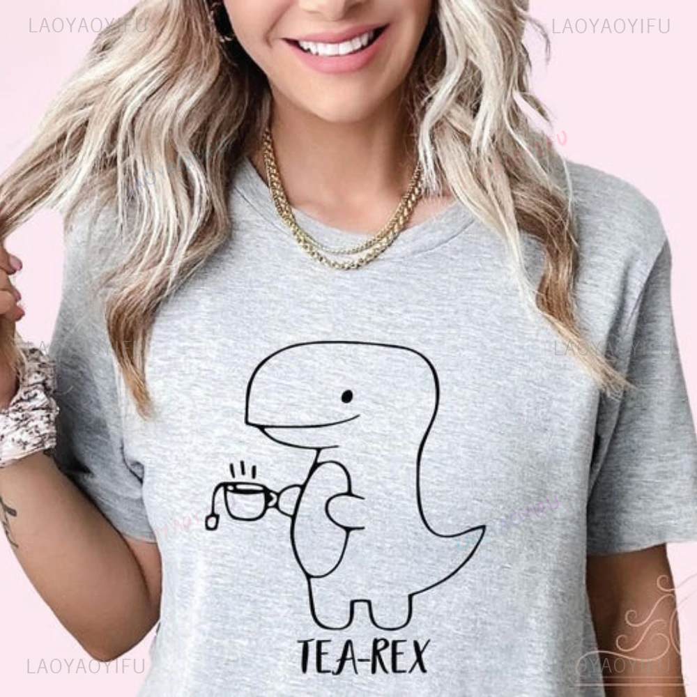 

Kawaii Tea Rex Graphic T Shirts Cute Dinosaur Funny Tea Lover Dino Gift Woman Summer High Quality Casual Cotton TShirt Clothes