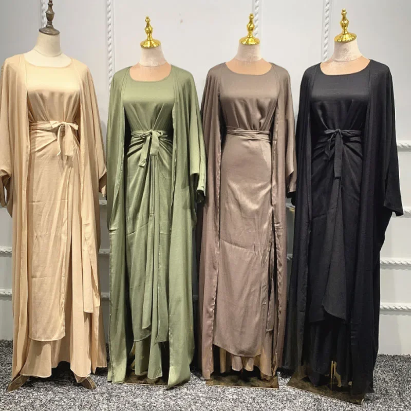 3 piece matching set women turkey muslim dress dubai celebrities fashion outfit plain kimono open abaya maxi dress wrap skirts j