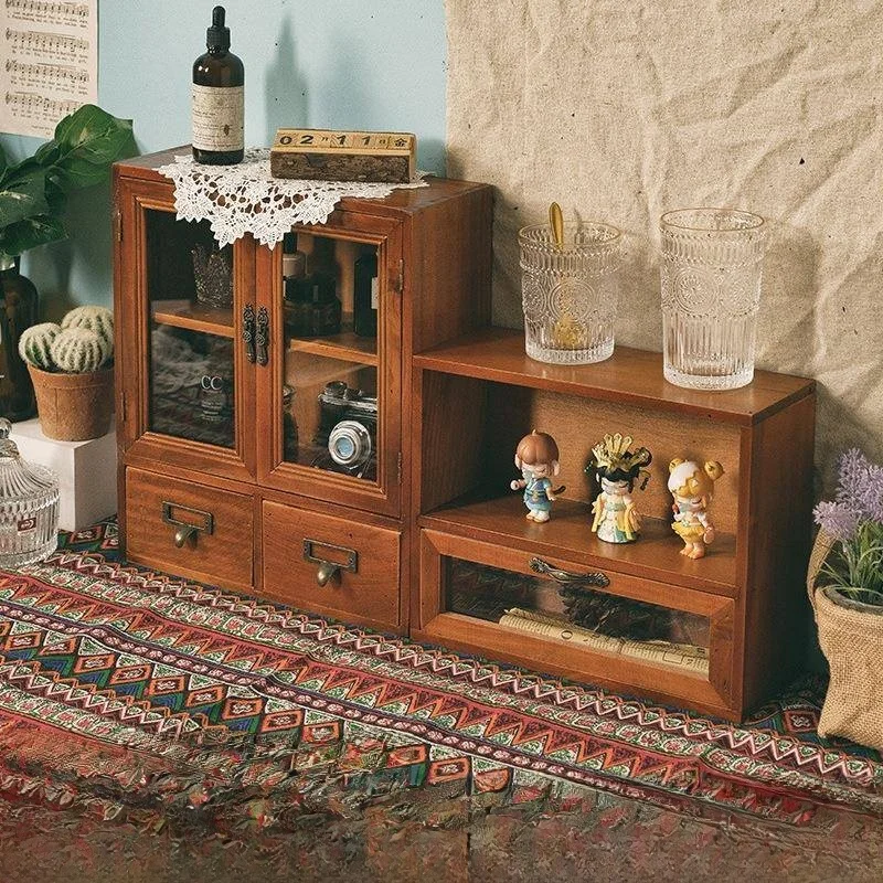 

Nordic Style Wood Double Door Display Cabinet Desktop Storage Box Drawer Cosmetic Storage Cabinet Retro Wooden Box