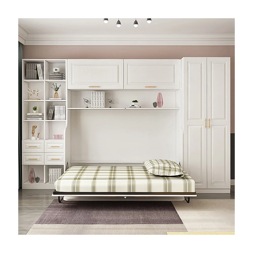 سرير مورفي أفقي عمودي مسطح وسهل التجميع مع خزانة قابلة للطي على الحائط