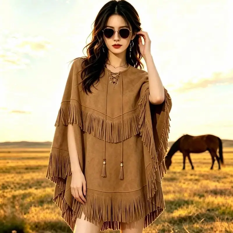 2026 Spring Autumn New Women Fashion Trendy Tassel Big Cloak Cloak Tops Unique Loose Cross Border Hot Selling Halloween Costume