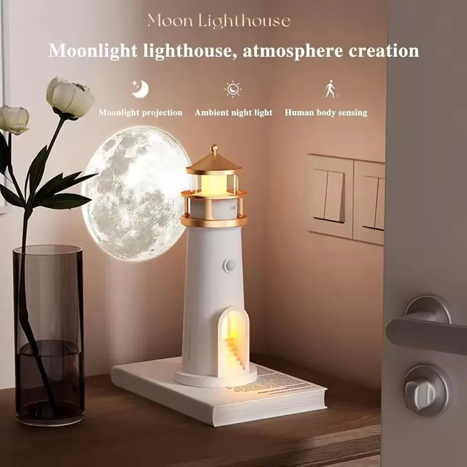 Moon Projector Light Bluetooth Speaker, Lighthouse Design Night Light with Dimmable & Motion Sensor, Ambient Mood Lamp for Room