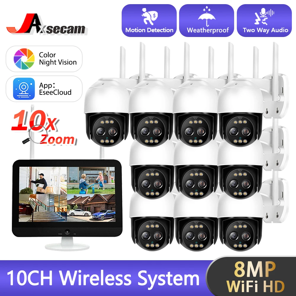 8MP WIFI Security PTZ 10X Camera Kit PIR Detection Color Night Vision IP Camera Set 10CH NVR Wireless CCTV Surveillance System