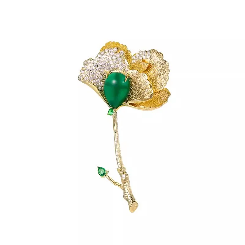 Ajojewel الكورية الرجعية الذهبي الجنكة ليف دبابيس للنساء حجر الراين مجوهرات النبات مع الحجر الأخضر