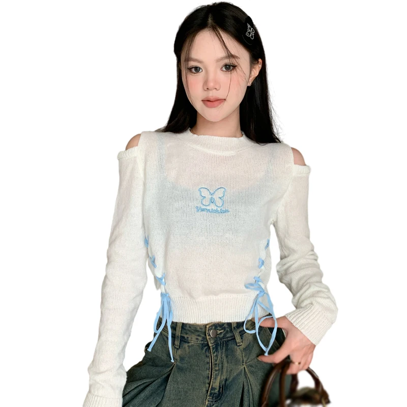 Women\'s Top O Neck Korean Version Butterfly Embroidery Sweet Casual Fashion Versatile Knitted Long Sleeves Sweater