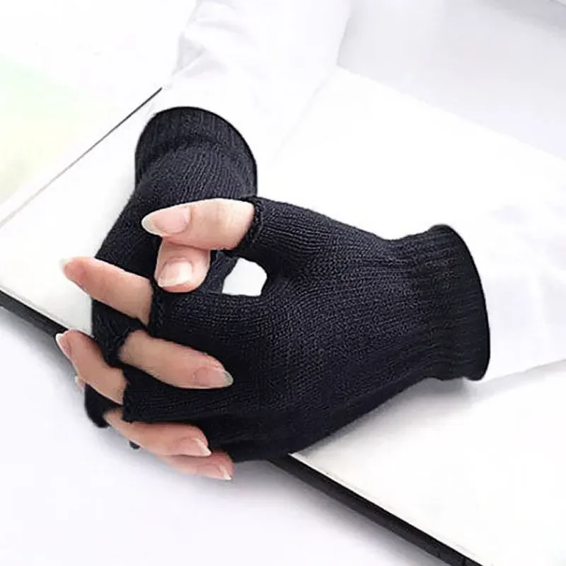 1 Pair Winter Warm Gloves Men Women Cycling Half Finger Fingerless Gloves Pure Black Knitted Wool Work Mittens Moto Accessories