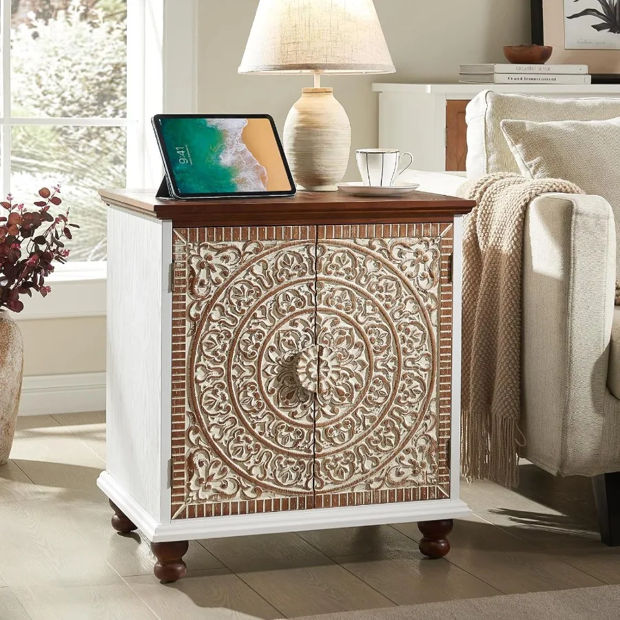 End Table with Vintage Carved Door 24 Boho Accent Side Table with Adjustable Storage Shelf Solid Wood Feet Rustic Nightstand fo