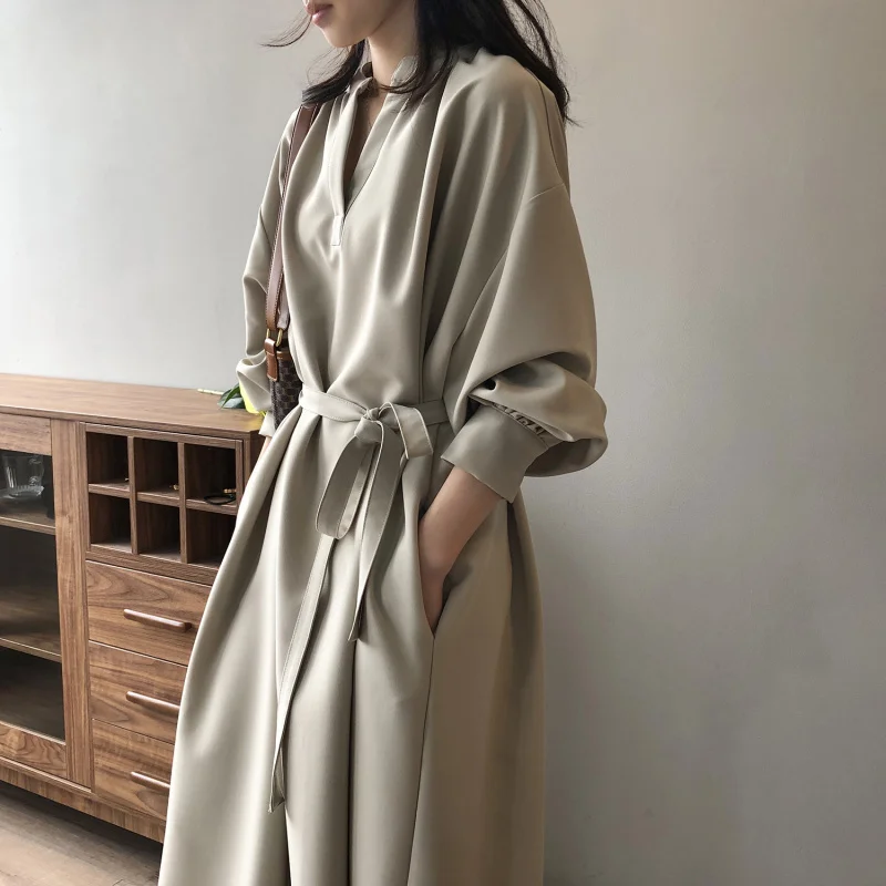 

Vwomen's collar dress spring new Korean style loose elegant temperament tie long dress