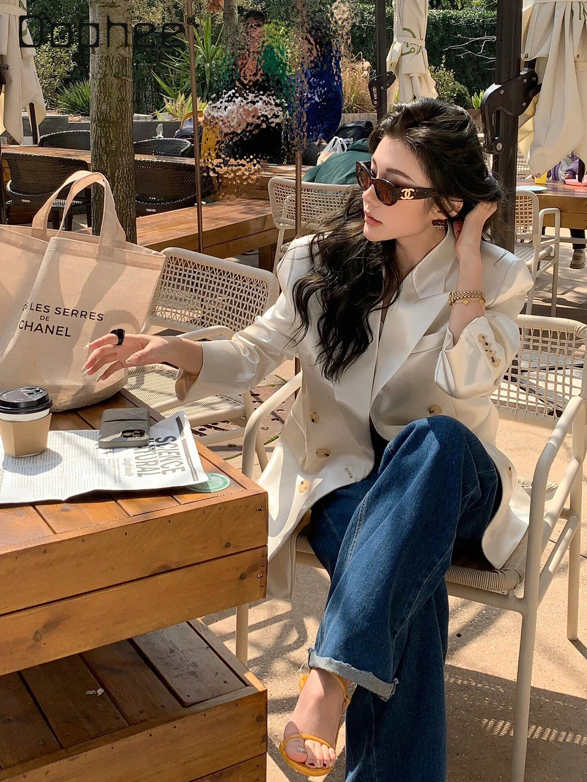 High-end Elegant Heavy Craft Pearlescent Color Cross Collar Blazer Women Korean Chic Loose Versatile Autumn Trendy Blazer Top