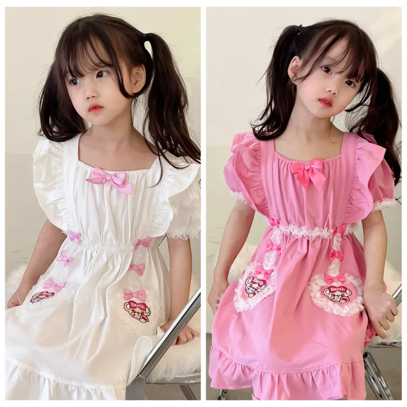 

Japanese Summer New Girls Dress Cute Short Sleeve Dresses Bear Bow Princess Skirts Vestido Robes Robe Princesse Fille Ropa