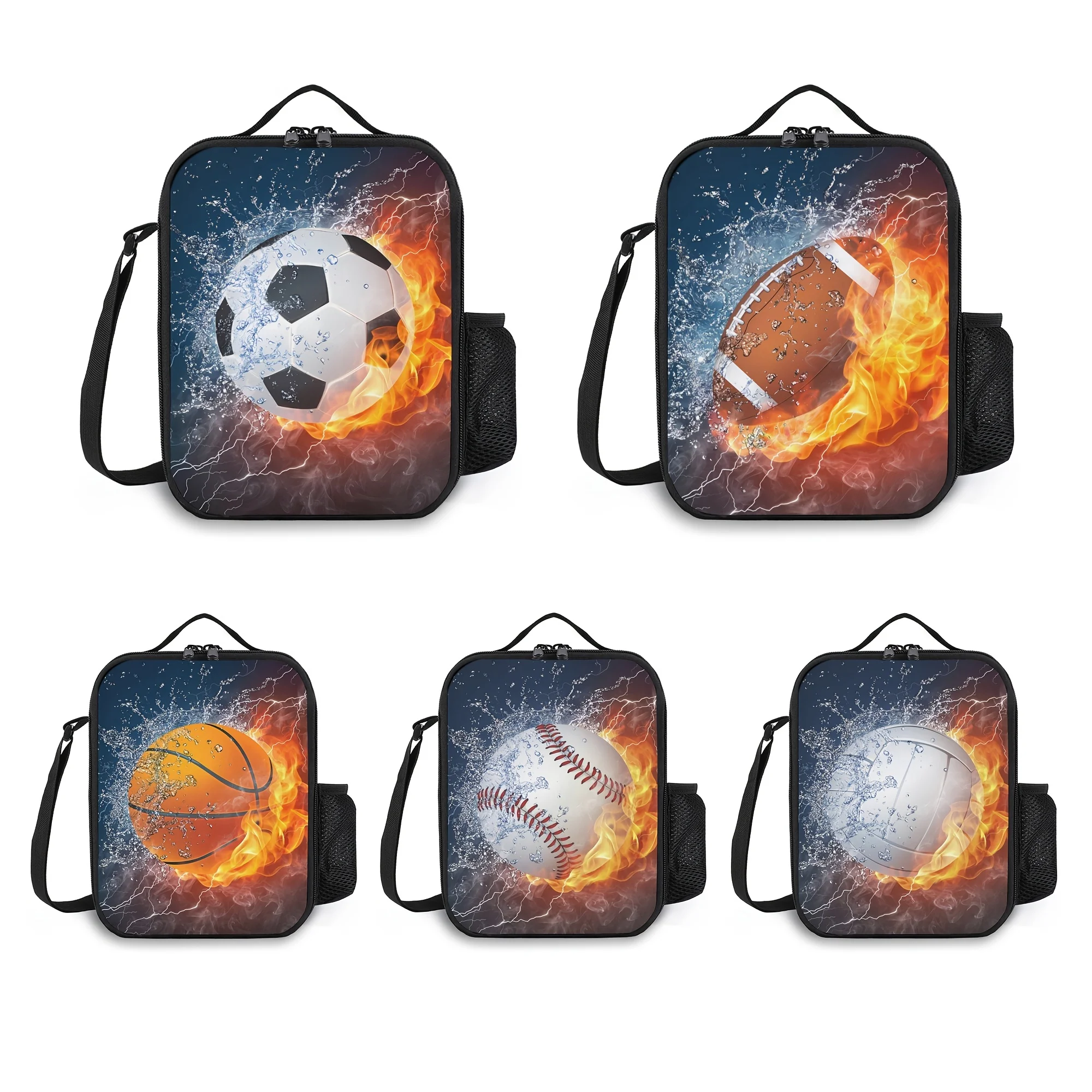 Ice Fire Football Lunch Box With Shoulder Strap, Insulated Durable Lunch Tote Box Bag, Waterproof Bag, Insulated Lunch Container