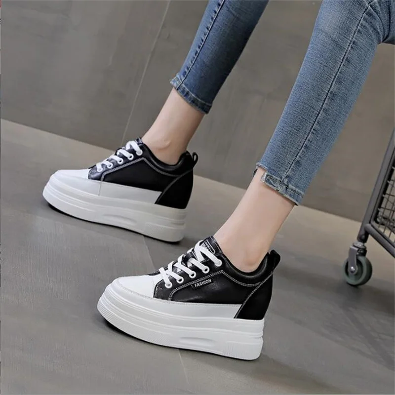 Spring Genuine Leather Platform Wedge Hidden Heel Luxury Comfortable Sneakers New Chunky Casual Women Fashion Lady White Shoes