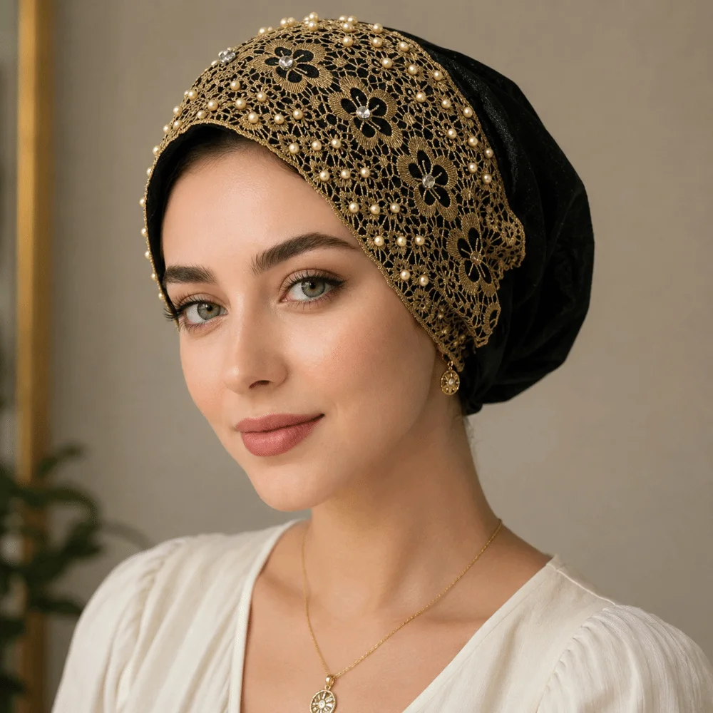 Fashion Embroidery Women's Lace Turban Cap Lace Trim Floral Pattern Muslim Headscarf Cap Islamic Turban Hat Women