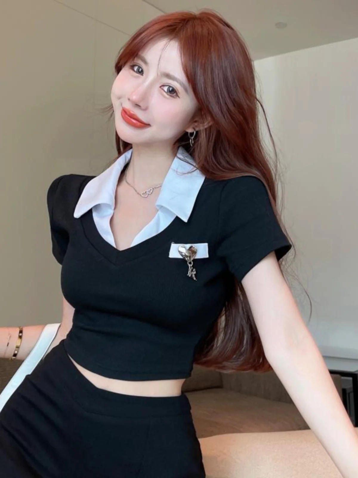 Color Block Collar Short Sleeve T-Shirt Women Summer 2024 Slim Fit Sweet And Spicy Belly Button Exposure Short Style Top