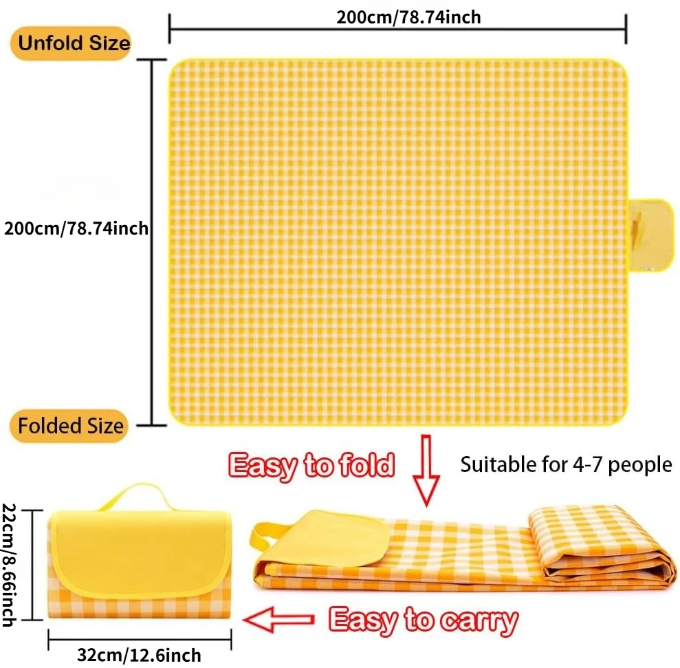 Thick Picnic Blanket – Soft Cushioned Beach Mat with Moisture-Proof Bottom Portable Foldable for Camping Park Yellow/White Plaid