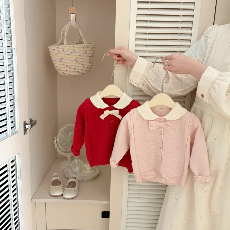 2026 Autumn New Girls Cute Bow Knitted Cardigan Solid Infant Sweet Lapel Sweater Coat Baby Girl Knitwear Toddler Clothes