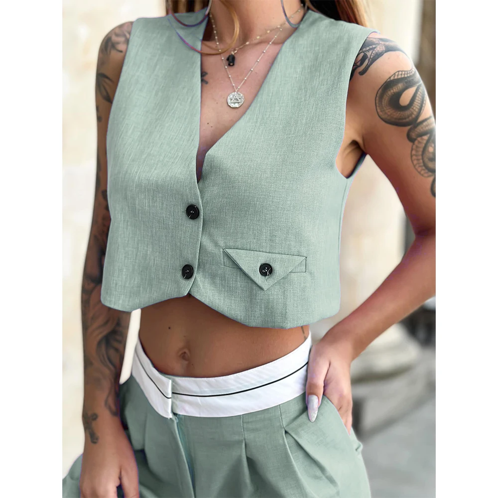 Female Short Vest Casual Fashion Lady's Vests Sleeveless Vests for Women Sweatshirts 2 Button Woman Clothing